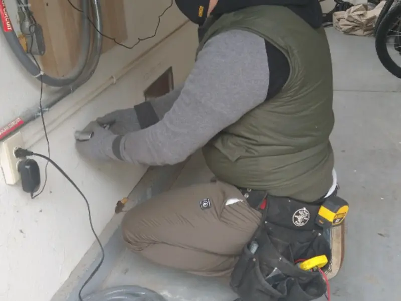 Electrician performing outlet wiring in a Fremont garage